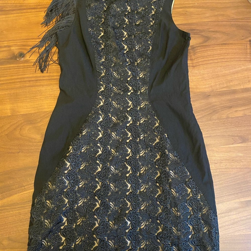 bebe Black Lace-Front Midi Sheath Dress